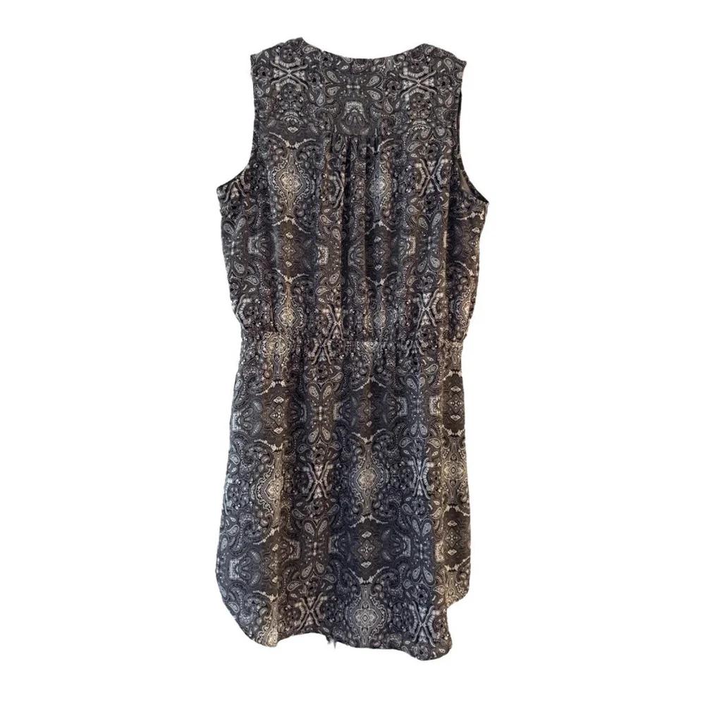 GAP Women's Printed Shirt Dress L Grey Drawstring Waist Pintuck Pleat Sleeveless - Picture 5 of 12